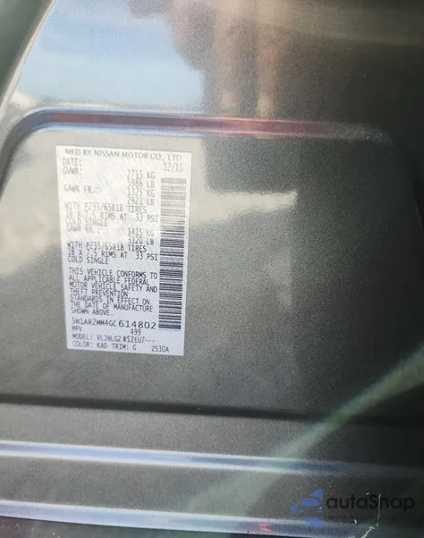 2016 Nissan Pathfinder S z USA, uszkodzony, nr VIN 5N1AR2MM4GC614802